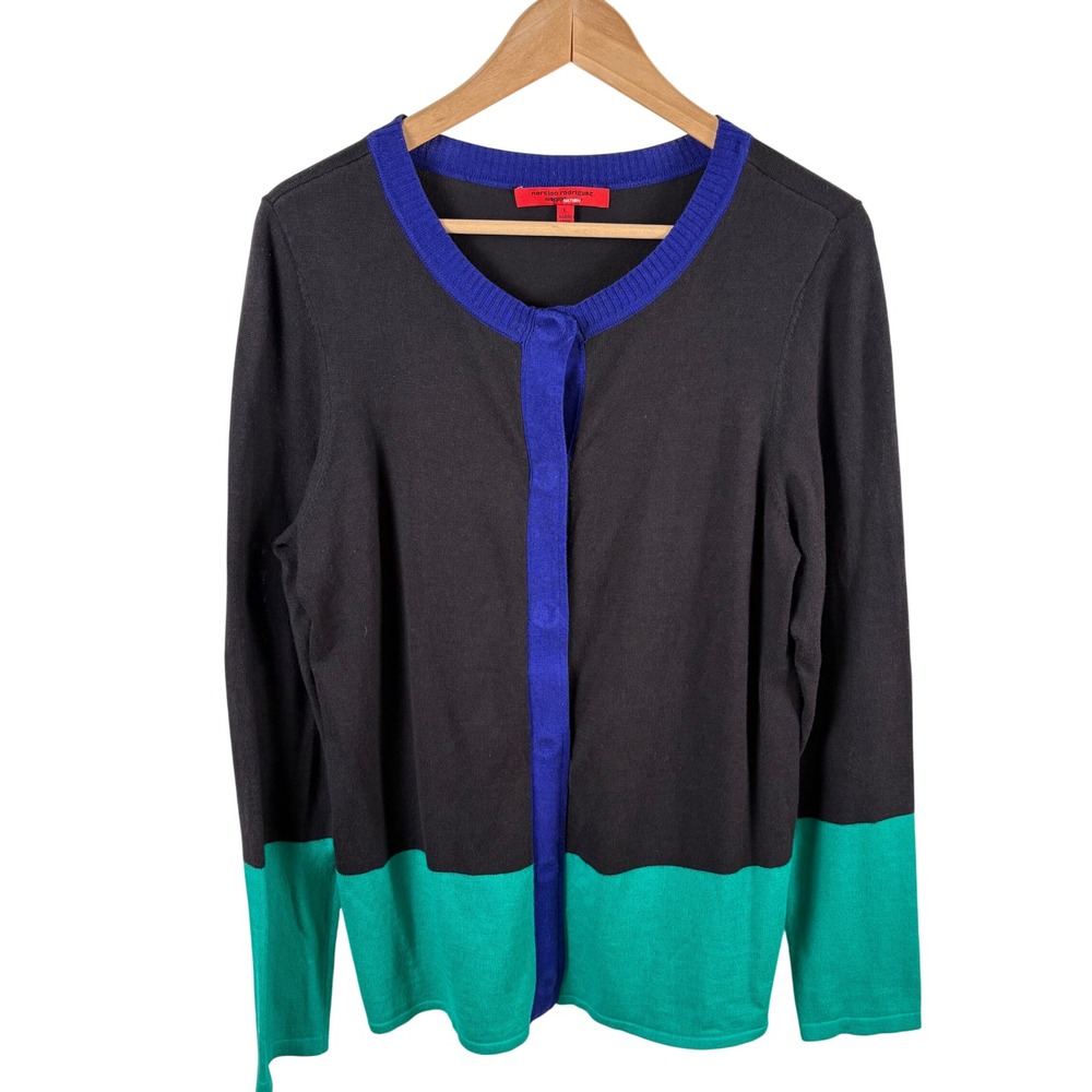 Black Green Colorblock Cardigan Cotton Blend L Lightweight Modern Minimalist